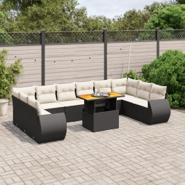 Set de sofás de jardín 11 pzas y cojines ratán sintético negro