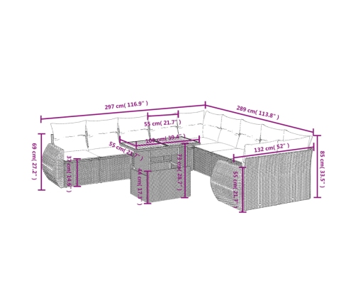 Set de sofás de jardín 11 pzas y cojines ratán sintético negro