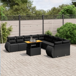 Set de sofás de jardín 11 pzas y cojines ratán sintético negro