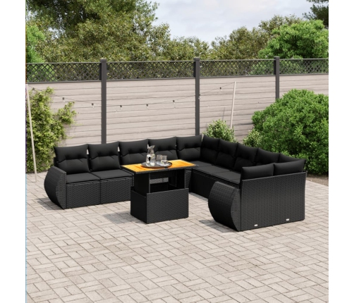 Set de sofás de jardín 11 pzas y cojines ratán sintético negro