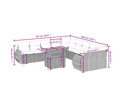 Set de sofás de jardín 11 pzas y cojines ratán sintético negro