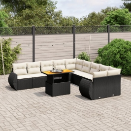 Set de sofás de jardín 11 pzas y cojines ratán sintético negro