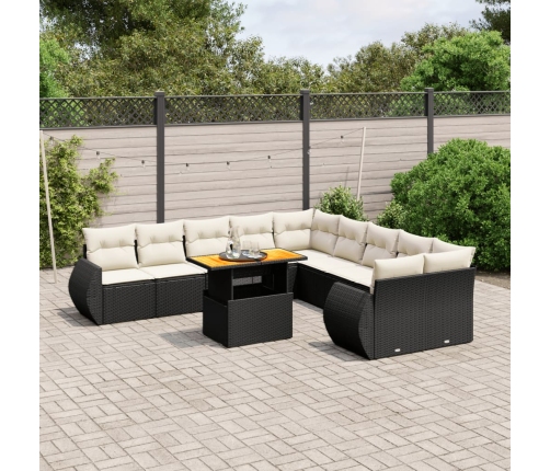Set de sofás de jardín 11 pzas y cojines ratán sintético negro