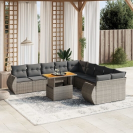 Set de sofás de jardín 11 pzas y cojines ratán sintético gris