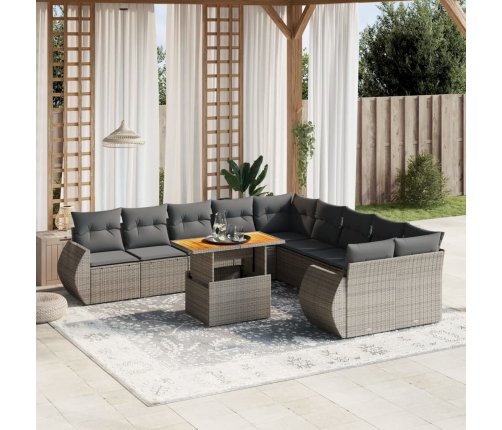 Set de sofás de jardín 11 pzas y cojines ratán sintético gris