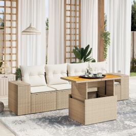 Juego de sofás jardín con cojines 5 pzas ratán sintético beige