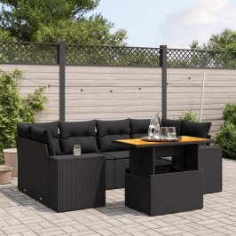 Set de comedor de jardín 7 pzas y cojines ratán sintético negro