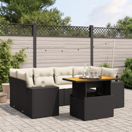 Set de comedor de jardín 7 pzas y cojines ratán sintético negro