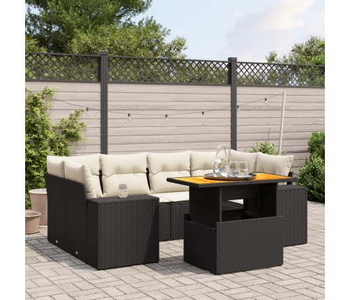 Set de comedor de jardín 7 pzas y cojines ratán sintético negro