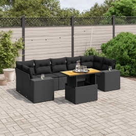 Set de sofás de jardín 8 piezas y cojines ratán sintético negro