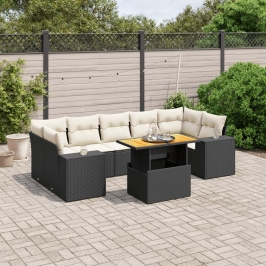 Set de sofás de jardín 8 piezas y cojines ratán sintético negro