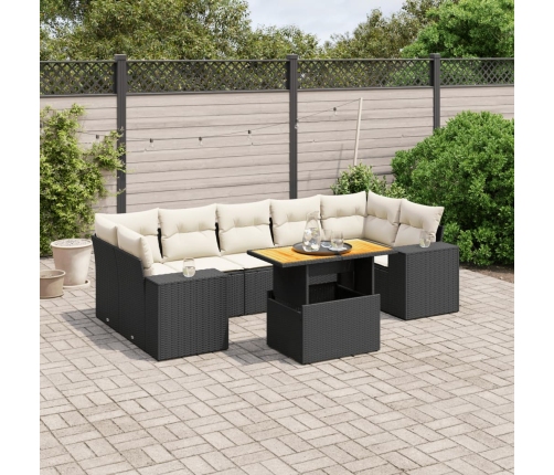 Set de sofás de jardín 8 piezas y cojines ratán sintético negro