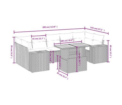 Set de sofás de jardín 8 pzas y cojines ratán sintético gris