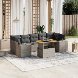 Set de sofás de jardín 8 pzas y cojines ratán sintético gris