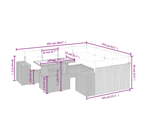 Set de muebles de jardín 9 pzas y cojines ratán sintético gris