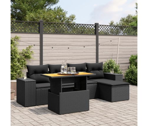 Set de sofás de jardín 6 piezas y cojines ratán sintético negro