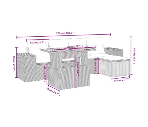 Set de muebles de jardín 6 pzas y cojines ratán sintético gris