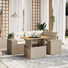 Juego de sofás jardín con cojines 5 pzas ratán sintético beige