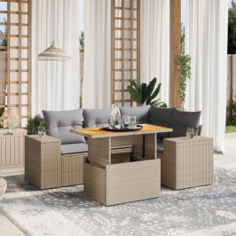 Juego de sofás jardín con cojines 5 pzas ratán sintético beige
