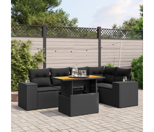 Set de sofás de jardín 6 piezas y cojines ratán sintético negro