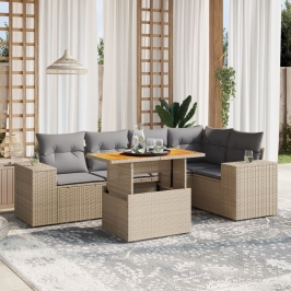 Juego de sofás jardín con cojines 6 pzas ratán sintético beige