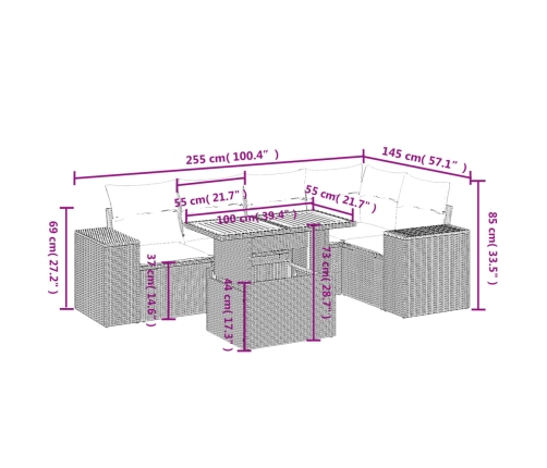 Set de muebles de jardín 6 pzas y cojines ratán sintético gris