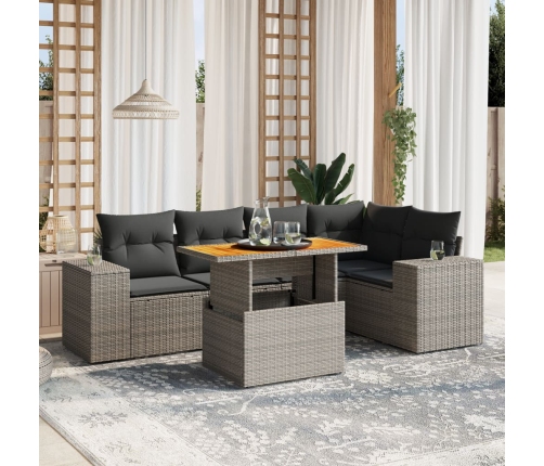 Set de muebles de jardín 6 pzas y cojines ratán sintético gris