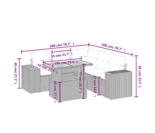 Set de muebles de jardín 6 pzas y cojines ratán sintético gris