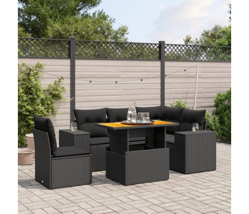 Set de sofás de jardín 6 piezas y cojines ratán sintético negro