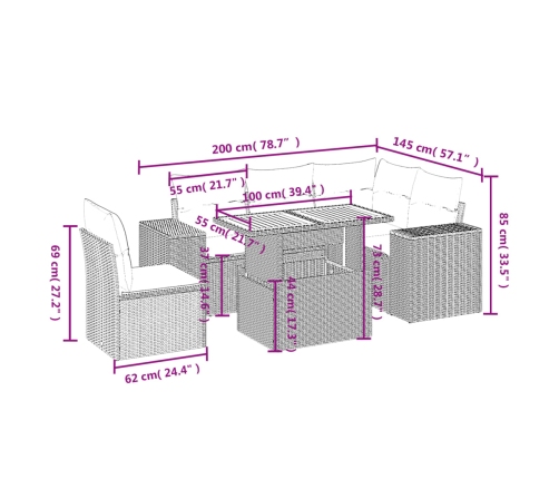 Set de muebles de jardín 6 pzas y cojines ratán sintético gris