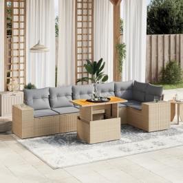 Set sofás de jardín 7 piezas y cojines ratán sintético beige