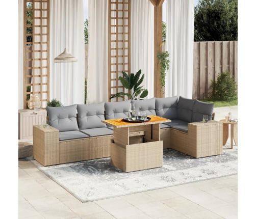 Set sofás de jardín 7 piezas y cojines ratán sintético beige