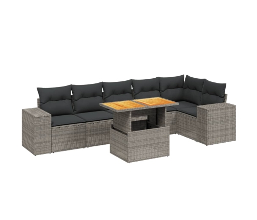 Set de sofás de jardín 7 piezas con cojines ratán PE gris