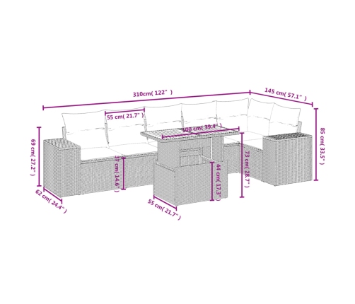 Set de sofás de jardín 7 piezas con cojines ratán PE gris