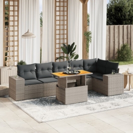 Set de sofás de jardín 7 piezas con cojines ratán PE gris