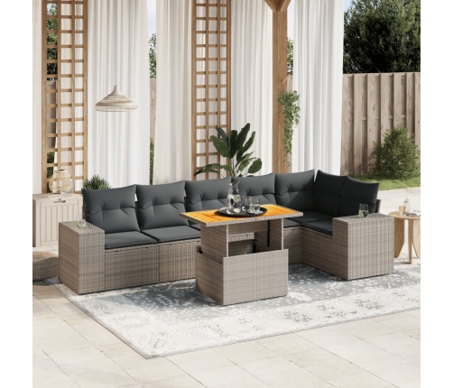 Set de sofás de jardín 7 piezas con cojines ratán PE gris
