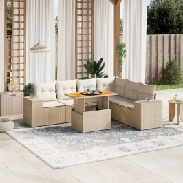 Set sofás de jardín 7 piezas y cojines ratán sintético beige