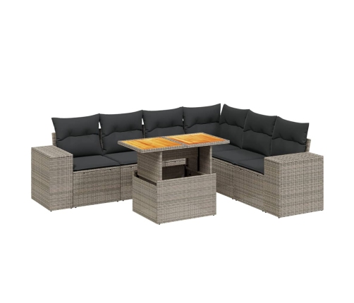 Set de sofás de jardín 7 piezas con cojines ratán PE gris