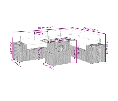 Set de sofás de jardín 7 piezas con cojines ratán PE gris