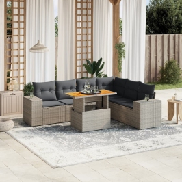 Set de sofás de jardín 7 piezas con cojines ratán PE gris