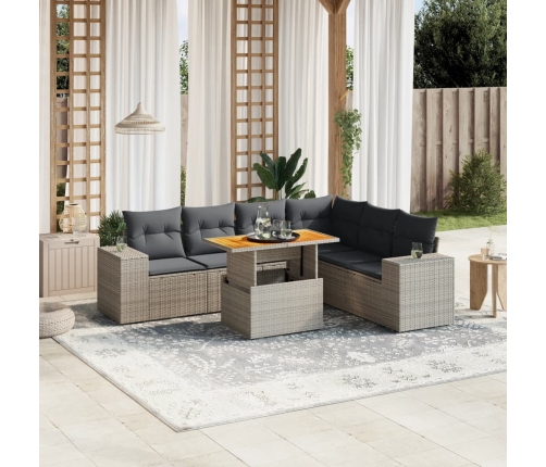 Set de sofás de jardín 7 piezas con cojines ratán PE gris