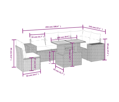 Set sofás de jardín 7 piezas y cojines ratán sintético beige