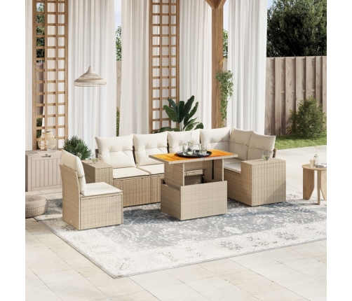 Set sofás de jardín 7 piezas y cojines ratán sintético beige