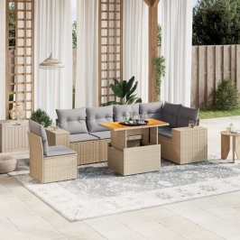 Set sofás de jardín 7 piezas y cojines ratán sintético beige