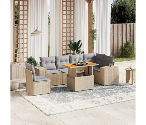 Set sofás de jardín 7 piezas y cojines ratán sintético beige
