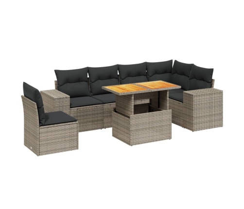 Set de sofás de jardín 7 piezas con cojines ratán PE gris