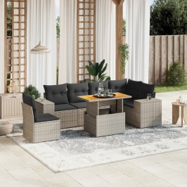 Set de sofás de jardín 7 piezas con cojines ratán PE gris