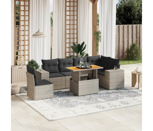 Set de sofás de jardín 7 piezas con cojines ratán PE gris