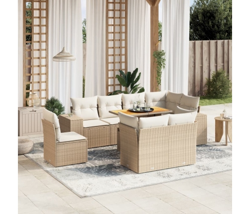 Set de sofás de jardín 9 pzas con cojines ratán sintético beige