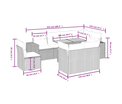 Set de sofás de jardín 9 pzas con cojines ratán sintético beige